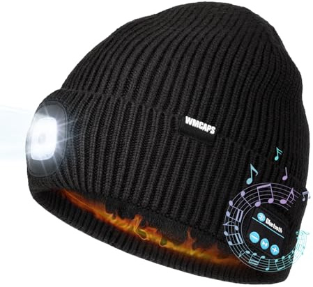 Wmcaps Bluetooth Mütze mit LED Licht und Fleecefutter für Herren Damen | Bluetooth 5.0, Kopfhörer, Lautsprecher & Mikrofon, fürs Gassigehen, Joggen, Skifahren, Geschenke für Männer Frauen