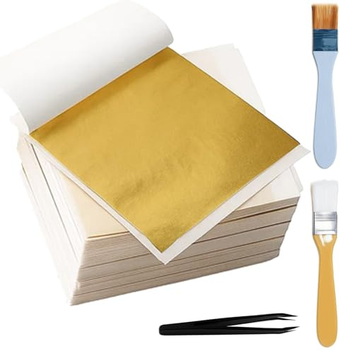 HcvGcm Goldpapier Zum Basteln, 203-teiliges Blattgold Set Mit 200 Goldfolien, 2 Pinseln Und 1 Pinzette Für DIY Projekte, Kunsthandwerk Und Dekoration (8 x 8,5 cm)