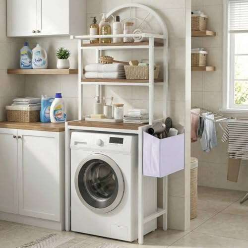 YITAHOME Regal für über der Waschmaschine, Regal für über der Toilette mit 3 Ablagen, Bogendesign, Materialmix aus Metall und Holz mit Einer Stoffaufbewahrungstasche, 40D x 64.5W x 190H cm, Weiß