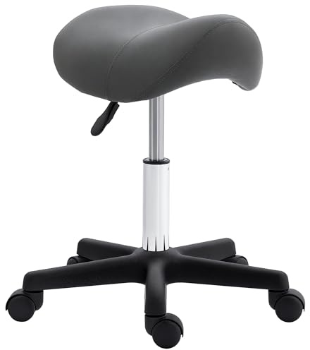 HOMCOM Rollhocker Höhenverstellbarer Drehhocker 48 x 47 x 45-59 cm Grau | Mit Rädern, Sattelhocker, Arbeitshocker, Drehbarer Salonstuhl, Sitzhocker aus Kunstleder, Salon Hocker