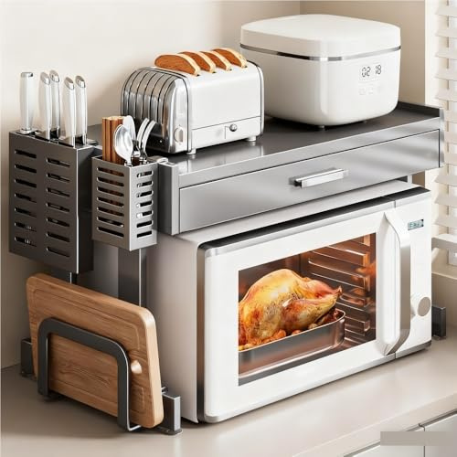 Soporte para microondas que ahorra espacio con estante de almacenamiento de 24.4 pulgadas para hornos, ollas arroceras y pequeños electrodomésticos, elegante mueble de cocina gris