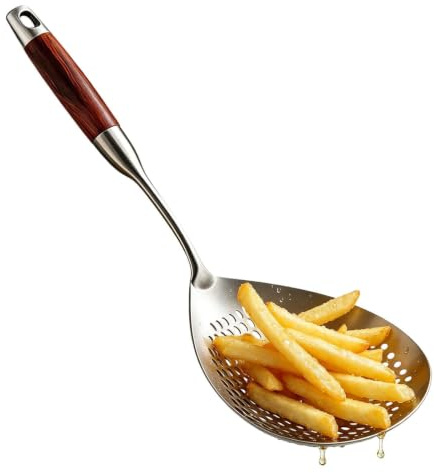 Espumadera De Acero Inoxidable, Anticalórico 42,19 cm Acero Inoxidable Mango de Madera, Cuchara Coladora para Cocina, Para Patatas Fritas, Pasta, Dumplings, Wonton, Hot Pot, Verduras, Cocina Y Camping
