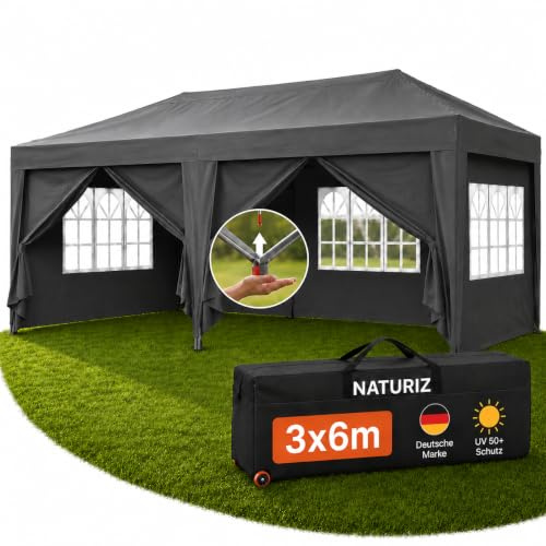 NATURIZ® Pavillon 3x6 Wasserdicht Stabil & UV 50+ Schutz - Faltpavillon mit Seitenwänden - Pop Up Zelt für Garten, Camping, Märktestand & Partyzelt, Gartenpavillon, Gartenzelt, Festzelt, Gazebo (Grau)