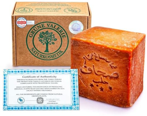 GRÜNE VALERIE® Original Aleppo Seife 200g+ 50% / 50% Lorbeeröl/Olivenöl - über 6 Jahre gereift - Feste Seife, Naturseife - Haarseife/Duschseife - PH Wert 8 - Handarbeit - DERMATEST: Exzellent