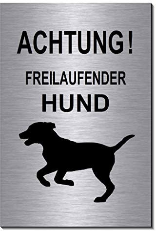 Achtung freilaufender Hund-Vorsicht-Hunde-Symbol-Schild 150 x 100 x 3 mm-Aluminium Edelstahloptik silber mattgebürstet Hinweisschild (1905-67- mit 2 Löcher)