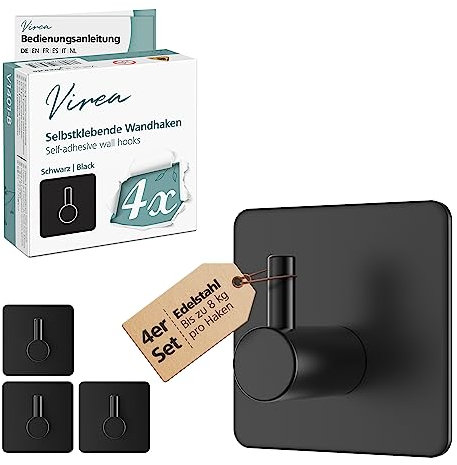 virea Selbst-Klebende Wandhaken ohne Bohren 4er Set in Schwarz - Wasserfeste Klebehaken aus Edelstahl - Starke Klebekraft bis 8 kg - Haken für Bad & Küche etc. - Bademantelhaken Handtuchhaken