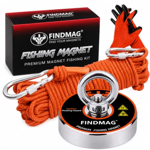 Magnet Fishing Kit, D60 Strong Lift Magnet 227 KG Pulling Force Magnets | Round Neodymium Magnet, River Magnets for Magnetic Fishing & Salvage in River, with 20m Nylon Rope Carabiner Hand Gloves