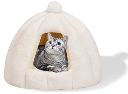 Galatée Katzenhöhlenbett, Waschbares Katzenkissenbett Mit rutschfeste Unterseite, Haustierbett Mit Abnehmbarem Waschbarem Innenkissen, Weiches Und Gemütliches Plüschkatzen-Iglu(M, Weiß)