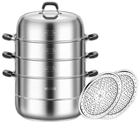 GLJAN Cocina de Vapor de Acero Inoxidable 304 con Tapa de Vidrio Templado para Parrilla de inducción eléctrica a Gas Aptas para el lavavajillas (Color : Silver(3 Layer), Size : 40cm)