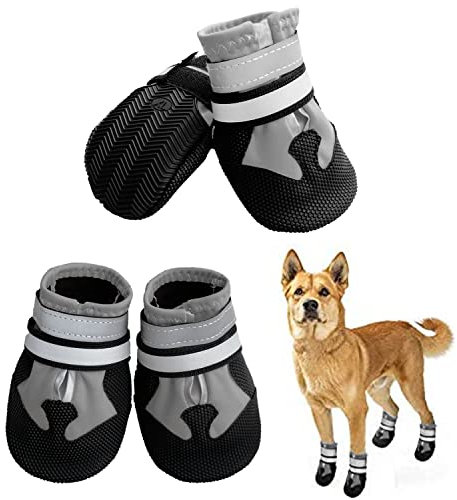 NeuWee Hundeschuhe, 4 Stück Pfotenschutz Hundestiefel, wasserdichte Hundeschuhe mit reflektierenden Riemen Anti-Rutsch-Sohle Outdoor Pfotenschützer für Kleine Mittlere Große Hunde (S, Grau)