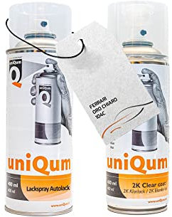 UniQum Autolack + Klarlack 2K Spraydose für Ferrari ORO CHIARO 104C Autolack Reparatur 2 x 400 ml