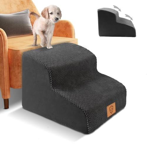 Myiosus Hundetreppe für Bett, 2-stufige Schaumstoff-Haustiertreppe für Sofa mit abnehmbarem wasserdichtem Bezug, rutschfeste Hunderampe Leiter für kleine Hunde und Katzen, 40 x 40 x 30 cm, Schwarz
