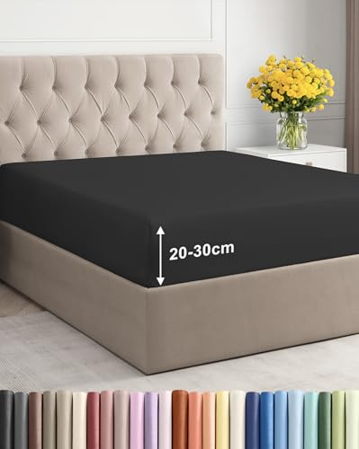 Spannbettlaken 180x200 - Mikrofaser Spannbetttuch 30cm (12) tief - Schwarz | Spannbetttuch, Boxspringbett, Weich, Knitterfrei, Bügelfrei, Atmungsaktiv, Hypoallergen, Rundumgummi, Gebürstet, OEKO-TEX
