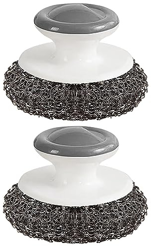 Stainless Steel Scrubber with Handle, Dish Scrubber Brush Steel Wool Scrubber for Cleaning Dishes Heavy Duty Cleaning Supplies for Pots Pans Grills Ovens Sink and Other Tough Jo Pack of 2