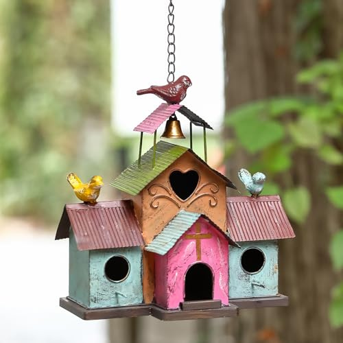 MOCOME Große Vogelhäuser zum Aufhängen im Freien, 4 Löcher, Vogelhaus für den Außenbereich mit Glocke, leicht zu reinigen, Bunte Metall-Vogelhäuser für den Außenbereich.