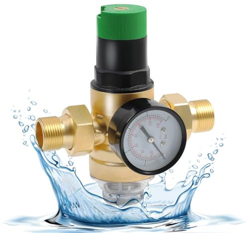 TIHOOK Druckminderer Wasser 3/4 zoll mit Manometer und Siebfilter, Druckminderer Wasser mit Verschraubungen, Messing Druckregler Überdruckventil Einstellbare Wasserdruckminderer