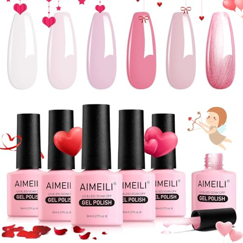 AIMEILI UV Gel Nagellack Rosa Glitzer Weiß Nägel 6 Farben 8ml UV LED Soak Off Gel Nagellack Valentines Day Gift Set 6-53