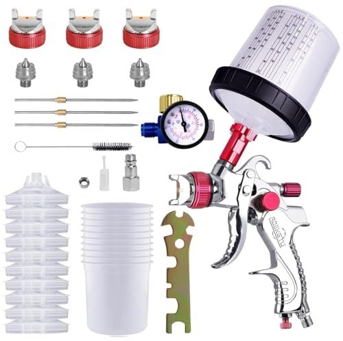 HVLP Pistolet pulvérisateur de Peinture avec 10 gobelets jetables de 600 ML et jauge de Pression, kit de Pistolet de pulvérisation de Voiture avec 3 Buses 1,4/1,7/2 mm (Rouge Suit)