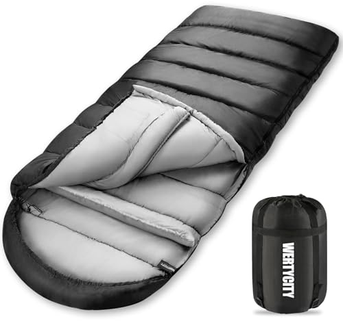 WERTYCITY Sovsäckar Sovpåse för vuxna och barn, camping, kallt väder -0 ° C, XL 220 x 32 tum, dragkedja utan hake med grejsäck, 3-4 säsonger, inomhus och utomhus