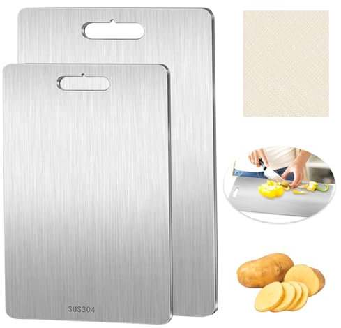 2 Pezzi Tagliere in acciaio inossidabile, Tagliere in titanio per cucina, Taglieres acciaio inox antibatterici, Taglieres in Titanio per Uso Alimentare Su Entrambi I Lati, per carne, frutta, verdura