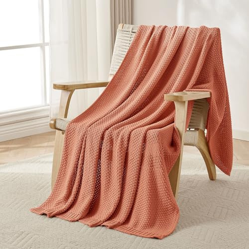 Joydeco Chunky Cable Knit Throw Blanket, Lightweight 100% Cotton Soft Cozy Throw Twin Blanket for Couch Bed and Sofa, Rustic Breathable Farmhouse Blanket Gift for Women Men(Burnt Orange, 51x63)