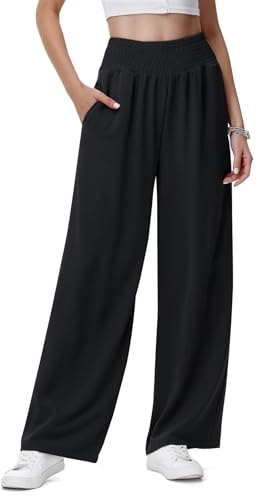 HMIYA Weite Hosen Damen Lässig Leicht Sommerhose Hohe Taille Palazzo Hose mit Taschen,Schwarze,2XL