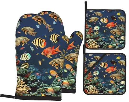 Guanti Da Forno E Presine Da Cucina Set, Fish Pattern Guanti Da Forno Pratico Guanti Da Cucina Professionale Set Di Guanto Da Forno Per Cucinare Microonde Grill