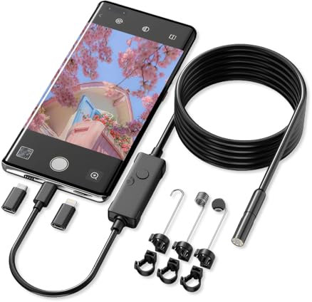 iewrtcin Endoscope Inspection Camera, 1920 HD Flexible Rigid Borescope with 8 LED Lights, Waterproof IP67 Drain Inspection Camera with Light for iPhone, iPad, Android Devices, and Tablets (16.4 Ft/5m)