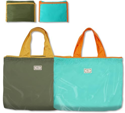 Long Keeper 2 Pcs Foldable Shopping Bag Drawstring Reusable Grocery Bags Large Washable Portable Folding Tote Bag in Pouch for Daily Shopping Travel Household (2, Army Green+Lake Blue)