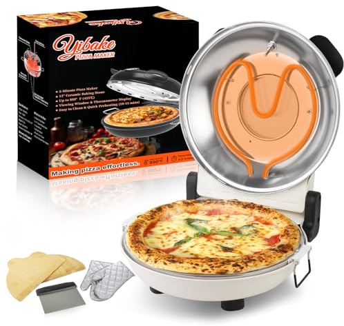 YIBAKE Electric Pizza Maker, 12 Inch Countertop Pizza Oven with Pizza Stone, 1200W Indoor Italian Style Pizza Cooker, Dual Heating with Independent Temperature Control, Heats Up to 800°F, White