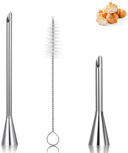 Guduling 3 Pcs Cream Icing Piping Nozzle Tips,Stainless Steel Long Cream Nozzle Decor,Small Pastry Icing Piping Decorating Tools + Decorating Cleaning Brush for Decoratings Cake and Filling Pastry