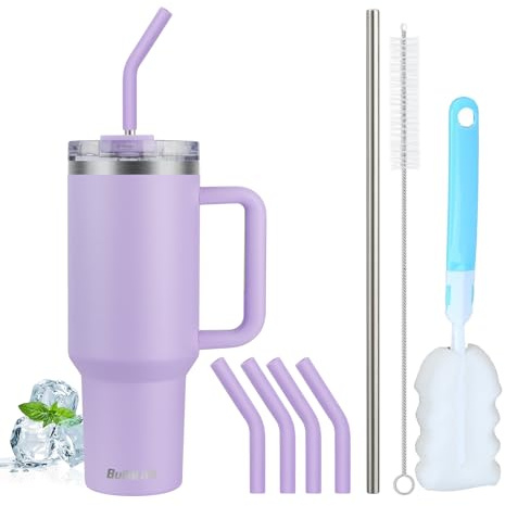 BuildLife 40oz Thermobecher to Go,Thermobecher mit Strohhalm und Griff,Doppelwandiger Isolierter Edelstahl Auslaufsicher Trinkbecher,BPA Frei,Spülmaschinenfest (Lilac, 1200 Milliliter)