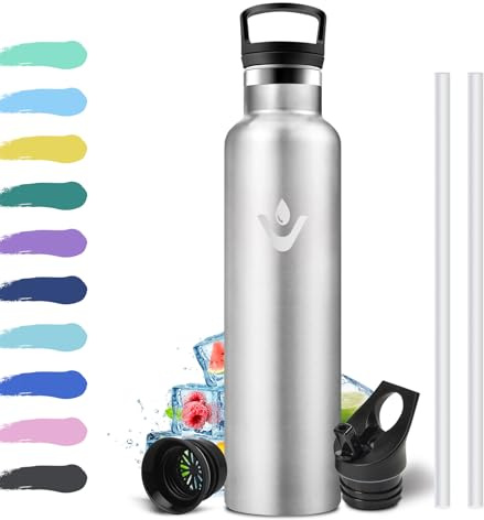 Bottiglia Termica 1L, Borraccia in Acciaio Inossidabile con Cannuccia e Filtro, Termos a Doppia Parete, Riutilizzabile, senza BPA, Borracce per Sport, Palestra, Yoga, Viaggio, Campeggio, Uffici