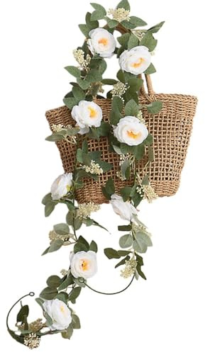 Aniyan Ghirlanda di fiori artificiali, con rose ed edera, lunghezza 200 cm, decorazione per matrimoni, balcone, porta, fatta a mano, resistente ai raggi UV (bianco)