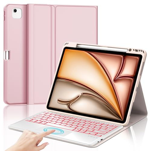 JADEMALL Clavier avec Trackpad pour iPad Air 13 M3/M2 2025/2024, AZERTY Français Clavier Rétroéclairé Détachable avec Touchpad pour iPad Air 13 Pouces A2898/ A2903/ A2904, Rose