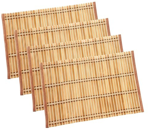 BAIFULAI Juego de 4 manteles individuales lavables de bambú, 44 x 30 cm, antideslizantes, de bambú con borde de tela, resistentes al calor, manteles individuales de bambú para cocina, mesa de comedor