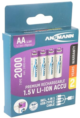 Ansmann Mignon AA 1,5 V agli ioni di litio, minimo 1800 mAh, 2000 mAh, con cavo di ricarica USB-C 4 in 1, blister di carta