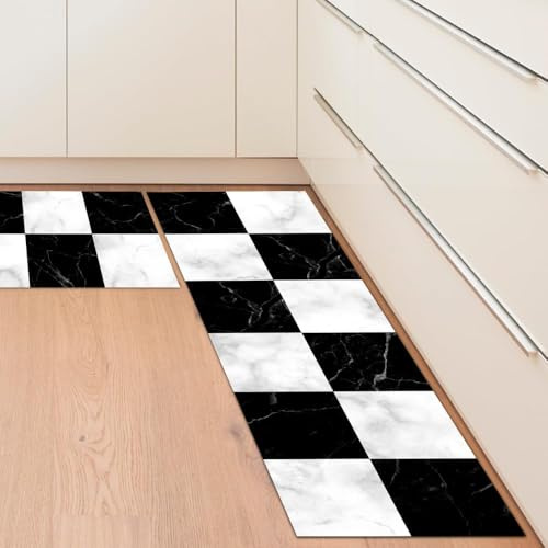 Winund Pack 2 Alfombra Vinilo Cocina Antideslizante – Alfombrilla Vinílica Lavable PVC para Cocina Moderna 43x72 y 43x120 cm (B&W Marble)