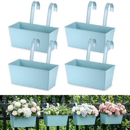 Yimomoyi Jardinera para barandilla de 24,5 cm, Pack de 4 jardineras Colgantes para Plantas de Exterior - Jardineras para balcón, barandilla, terraza, Valla y Patio (Azul)