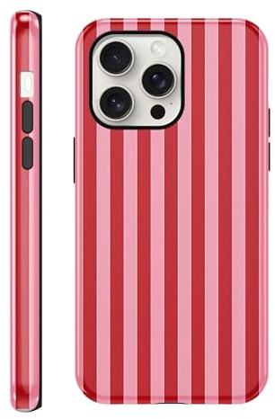 Coalbooliy Custodia per iPhone 15 Pro 6,1'', Aesthetic Summer Striped Righe Motivi Print Femmina Conchiglie Disegno 2 in 1 Cover Antiurto Anticaduta Protettiva Bumper Ragazza Silicone Case, Rosso