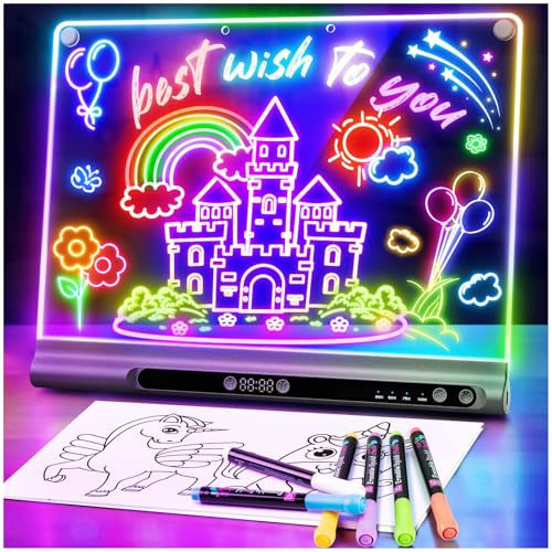 16“ Rechargeable LED Drawing Board, 9-Color Light Modes with Timer & Built-in Stand, Neon Art Dry Erase Glow Up Doodle Note Pad, Sketching Gift Toy for Kids/Girls/Teens, 6 Markers & Tracing Book-Black