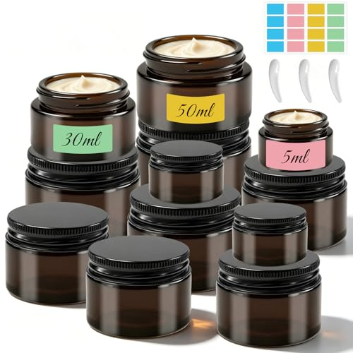 Maxumille 12 Pcs Pots de Crème 50ml 30ml 5ml, avec Couvercle & Doublure | Boîtes Vides en Verre Ambré, Pot de Crème Vide en Verre,Petite Contenants Cosmétiques de Marron Voyage pour Lotion Maquillage
