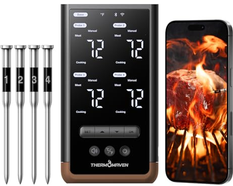 ThermoMaven Smart Bluetooth Wireless Meat Thermometer with Standalone Base, 6 Sensors with NIST Certified Accuracy, Long Range WIFI Stability, 4 Probes for Grill, Smoker, Oven, BBQ, Brown