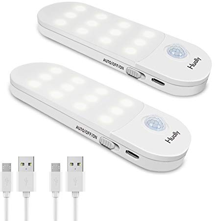 Hually Luz Noche, Luces LED Armario con Sensor Movimiento (2PCS con 24 LED),Luz Nocturna Luz Cálida para Pasillo, Escalera, Cocina, Baño, Garaje, Gabinete y Sótano 3 Modos (AUTO/ON/OFF)
