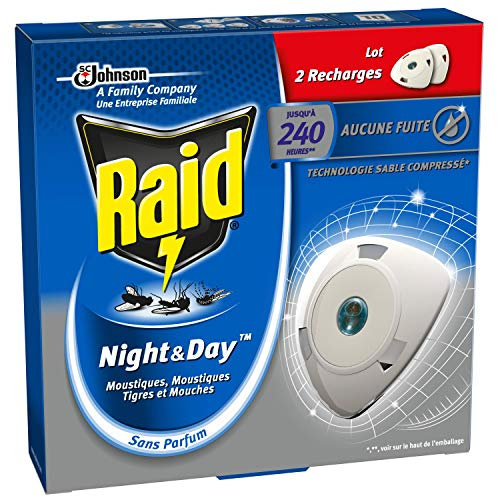 RAID DIFFUSEUR ÉLECTRIQUE NIGHT&DAY MOUCHES, MOUSTIQUES ET MOUSTIQUES TIGRES, 2 RECHARGES 240 HEURES