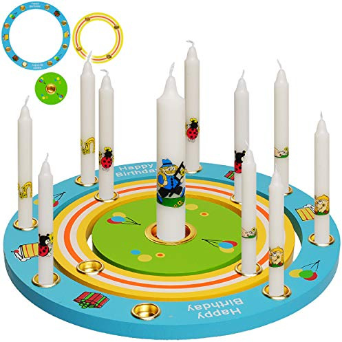 alles-meine.de GmbH 3 TLG. Set: Geburtstagsring/Geburtstagskranz - aus Holz + 11 Kerzen mit Lebenslicht - für Zahlenstecker - 19 cm - Kinder bunt/blau - gelb - grün - rot - K..
