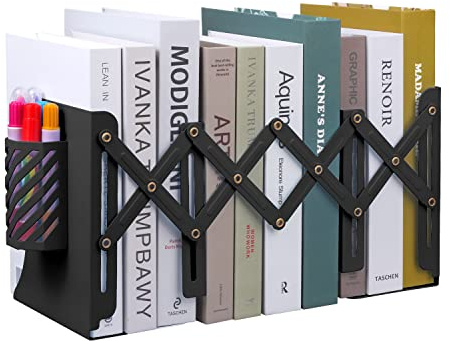 MSDADA Buchstützen, Buchstütze mit Stifthalter, Metall Verstellbar Buchhalter, rutschfeste Bookends für Zuhause, Büro, Schule, Bibliothek, Ausziehbar bis zu 18.3 in (Schwarz)