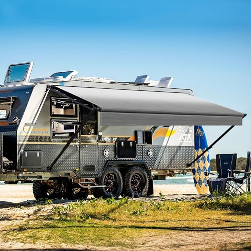 YESCAMP Manual RV Awning Complete Kit Retractable Camper Awning for RV or Trailers RV Roll Out Awning for Camper or 5th Wheel,Travel Trailers,Toy Haulers,Motohome(14Ft,Black Frame,Grey Fade)