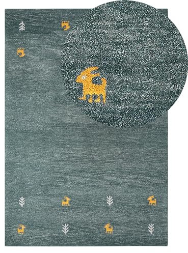 Beliani Gabbeh Teppich Wolle Grün Western Tiermotiv Handgetuftet 140 x 200 cm Calti