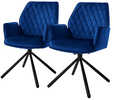 ML-Design matsalsstolar set om 2 sammet mörkblå, vardagsrumsstol med arm och ryggstöd, snurrstol bilposition, stoppad stol med metallben, ergonomisk snurrfåtölj, köksstol lounge stol